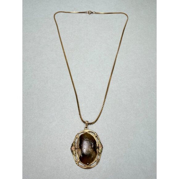 Unbranded Jewelry - Vintage Gold Filled Large Brown Agate Pendant Art Nouveau Style Necklace